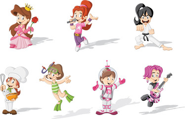 Group of cartoon girls wearing different costumes