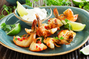 Fried shrimp with soy-ginger sauce.
