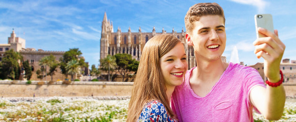 Young couple making selfie in Palma de Mallorca