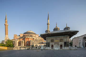 Fototapeta na wymiar III. Ahmet Fountain and Haghia Sophia Museum in Fatih district o