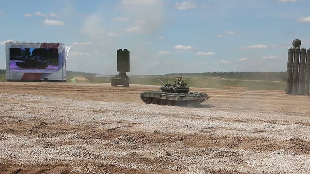 The russian tank T-80U going to the polygon
