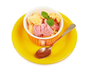 Ice cream in a bowl on a saucer and flower