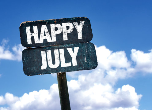Happy July sign with sky background