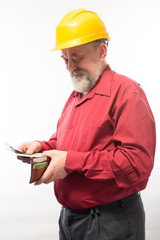 man in a helmet with a purse in his hands