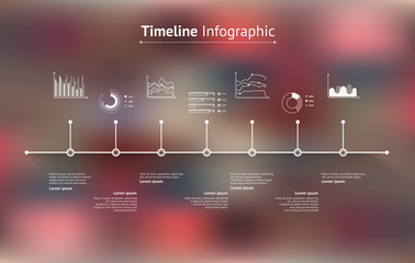 Timeline infographic with unfocused background and icons set. World map