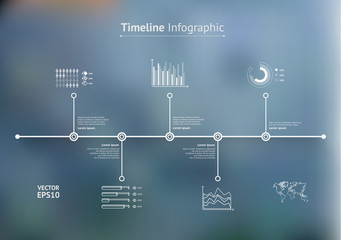Timeline infographic with unfocused background and icons set. World map