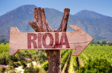 Rioja wooden sign with vineyard background - obrazy, fototapety, plakaty