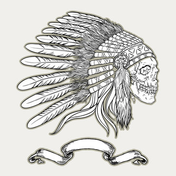 Native american indian chief headdress. Indian skull vector 