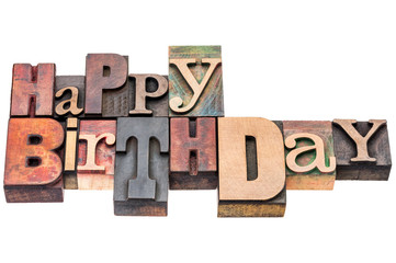 Happy Birthday greeting sign in wood type