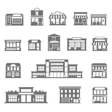 Stores and malls black white icons set