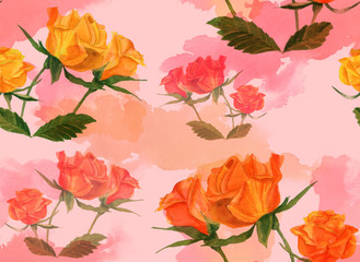 Vintage watercolour roses seamless background pattern, toned
