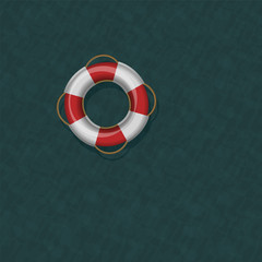 Lifebelt floating on dark greenish blue cold ocean water. Vector illustration.
