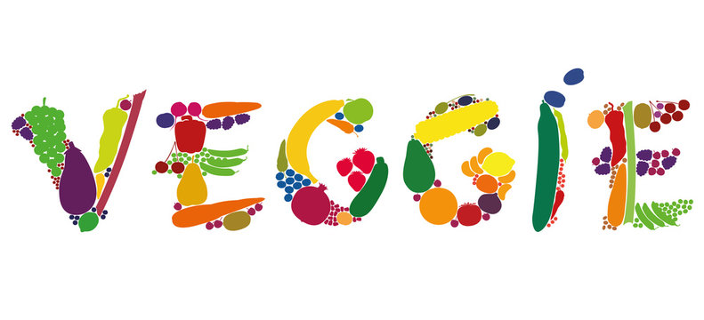 VEGGIE written with colorful fruits and vegetables. Isolated vector illustration on white background.