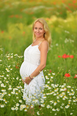 Fototapeta na wymiar Pregnant happy woman in a flowering poppy field outdoors