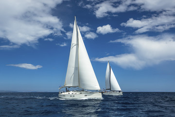 Sailing at the Aegean Sea in Greece. Sailing regatta. Luxury yachts.