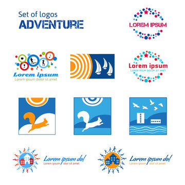 Set of logos about adventures. Rest in a city, urban life. Vacation, outdoor recreation. Regatta, sailboats. Traveling. entertainment in the city: concerts, dances, cafes, restaurants, water skiing.