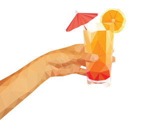 polygonal technique hand holding a summer drink orange juice wit