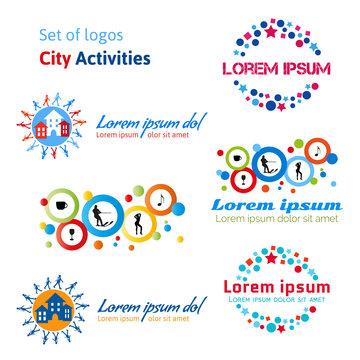 Set of logos city activities. Rest in a city, urban life. Entertainment in the city: concerts, dances, clubs, cafes, restaurants, water skiing, walk in a city. Сity tourism. Vector illustration.