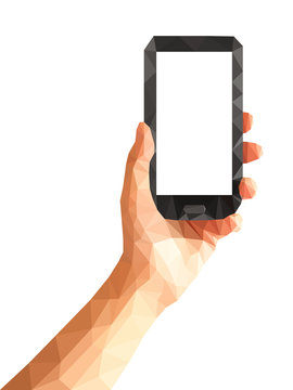 polygonal technique hand holding white blank screen phone