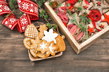 Gingerbread cookies and Christmas ornaments. Home decoration
