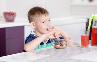 Boy Eating Bowl of Cereal for Breakfast