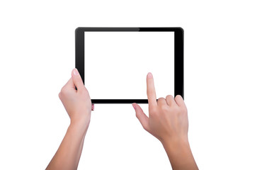 Woman touched the screen of the tablet