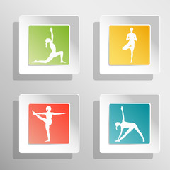 Vector yoga illustration. Square buttons with girls silhouette. Colorful yoga buttons. Сonvex buttons with shadows. Green, red, yellow, blue buttons for yoga website.