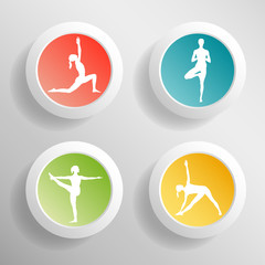 Vector yoga illustration. Circle buttons with girls silhouette. Colorful yoga buttons. Сonvex buttons with shadows. Green, red, yellow, blue buttons for yoga website.