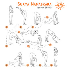 Vector yoga illustration. Surya Namaskara. Yoga set. Yoga exercises. Women yoga. Yoga class, yoga center, yoga studio. Yoga poster. Sketch with yoga asana. Girl does yoga exercises. Healthy lifestyle.