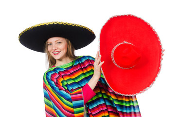 Pretty girl in mexican poncho isolated on white