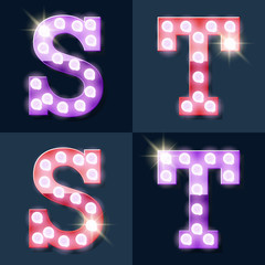 Festive pink and purple vector lamp alphabet for party, cinema and other entertainment. Letters S T