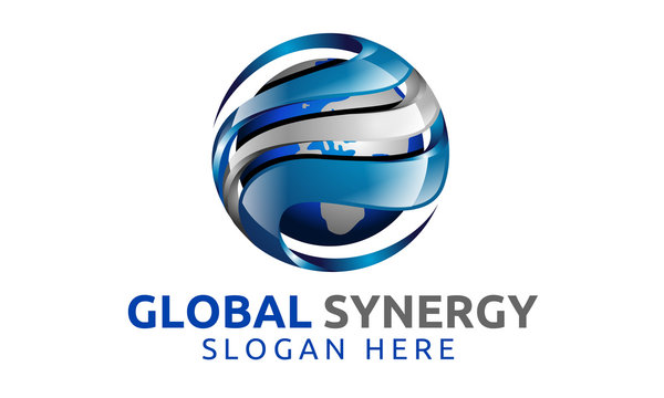 3d, global, globe, world, earth, synergy, blue, silver , logo