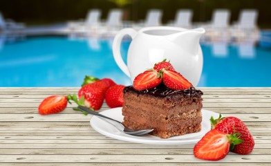 Cake, slice, cream.
