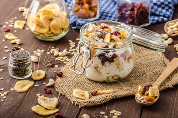 Homemade yogurt with granola, dried fruit and nuts bio