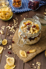 Homemade yogurt with granola, dried fruit and nuts bio