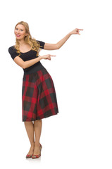 Naklejka premium Beautiful young woman in plaid dress isolated on white