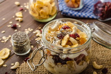 Homemade yogurt with granola, dried fruit and nuts bio