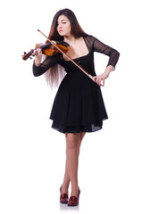 Woman performer playing violin on white