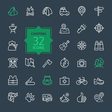 Outline icon set - summer camping, outdoor, travel