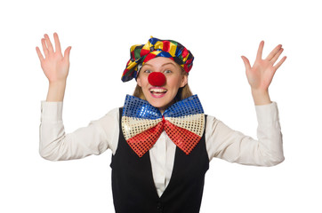 Pretty female clown isolated on white