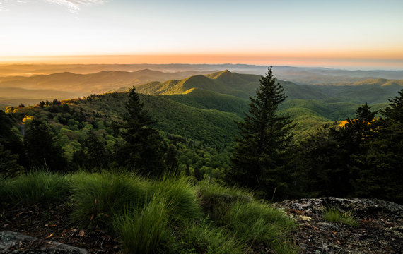 The warm colors of the spring blooms in the Blue Ridge mountains illuminate the landscape as the sun comes up in the morning. 