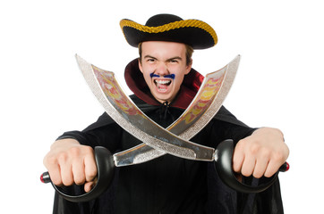 Young pirate holding sword isolated on white