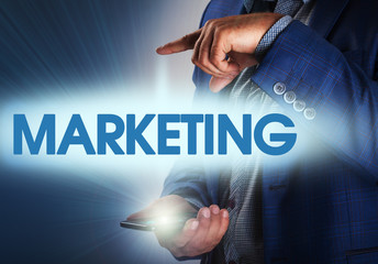 Businessman presses button marketing on virtual screens. Busines