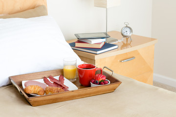 Breakfast in Bed Tray on Bed Beside Night Stand
