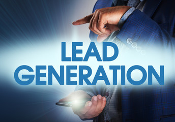 Businessman presses button lead generation on virtual screens. B