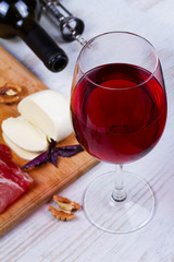 Glass and bottle of wine, cheese and prosciutto