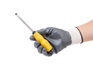 Hand in glove holding screwdriver. 