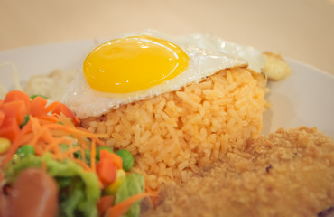 American style fried rice with fried egg closeup