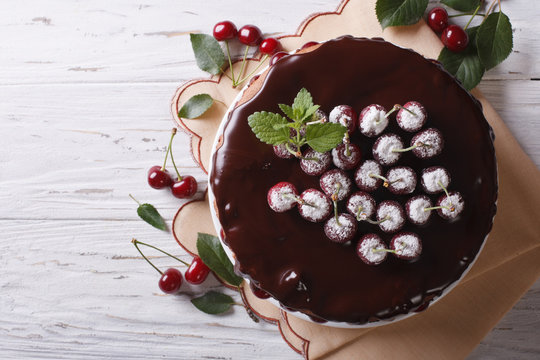 Delicious Chocolate Cherry Cake On The Table. Horizontal Top View
