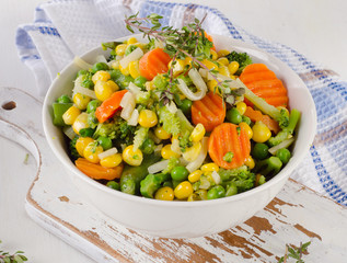 Mixed vegetables in  white bowl.
